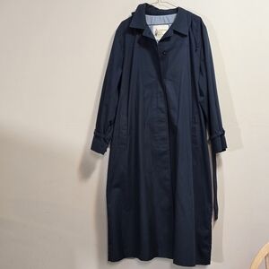 Vintage London Fog Classic Hooded Navy Blue Long Trench Coat Size 18 M UK